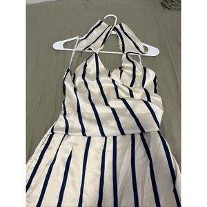 Lulus Learning to Fly  StripedHalter Sleeveless V Neck Faux Wrap Jumpsuit Size S